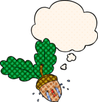 cartoon crying acorn with thought bubble in comic book style png