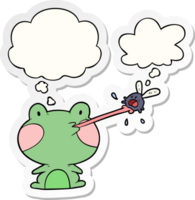 cartoon frog catching fly with thought bubble as a printed sticker png