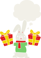 cartoon rabbit with christmas presents with thought bubble in retro style png