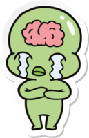 sticker of a cartoon big brain alien crying png