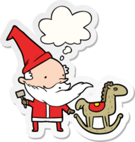 cartoon santa making toy with thought bubble as a printed sticker png