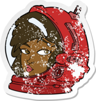 retro distressed sticker of a cartoon female astronaut png