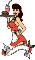 tattoo in traditional style of a pinup waitress girl with banner png