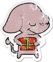 verontruste sticker van een cartoon lachende olifant met cadeau png