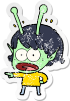 distressed sticker of a cartoon shocked alien girl png