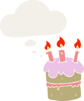 desenho animado aniversário bolo com pensamento bolha dentro retro estilo png
