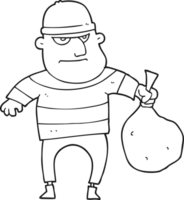 hand drawn black and white cartoon burglar with loot bag png