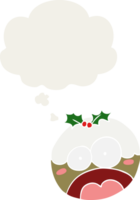 tekenfilm geschokt kerstmis pudding met gedachte bubbel in retro stijl png