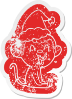 crazy quirky cartoon distressed sticker of a monkey sitting wearing santa hat png