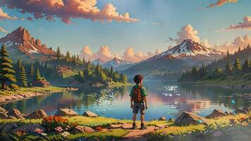 lugn scen av en person stående förbi en lugn sjö, beundrande de majestätisk snötäckt berg i de distans. tecknad serie eller anime vattenfärg målning illustration stil. video
