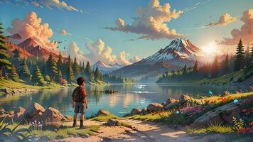 lugn scen av en person stående förbi en lugn sjö, beundrande de majestätisk snötäckt berg i de distans. tecknad serie eller anime vattenfärg målning illustration stil. video