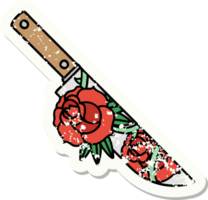 distressed sticker tattoo in traditional style of a dagger and flowers png