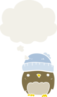 cute cartoon owl in hat with thought bubble in retro style png