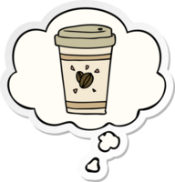 cartoon takeout coffee with thought bubble as a printed sticker png