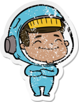 distressed sticker of a happy cartoon astronaut png