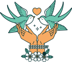 iconic tattoo style image of tied hands and swallows png