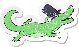 autocollant rétro en détresse d'un crocodile de dessin animé en chapeau haut de forme png