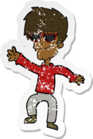 retro distressed sticker of a cartoon waving cool guy png