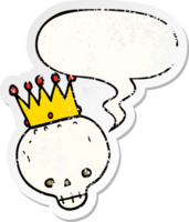 desenho animado crânio com coroa com discurso bolha angustiado angustiado velho adesivo png