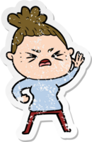 distressed sticker of a cartoon angry woman png