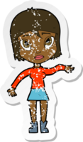 retro distressed sticker of a cartoon woman waving hand png