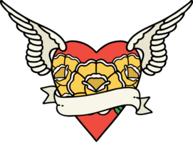 tatuaje en tradicional estilo de corazón con alas flores y bandera png
