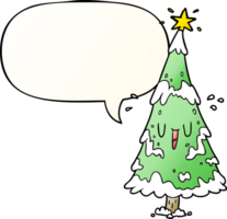 cartoon snowy christmas tree with happy face with speech bubble in smooth gradient style png