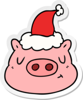 main tiré autocollant dessin animé de une porc visage portant Père Noël chapeau png