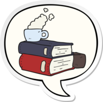 cartoon books and coffee cup with speech bubble sticker png