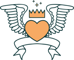 traditional tattoo with banner of a heart with wings png