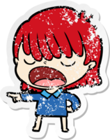 distressed sticker of a cartoon woman talking loudly png