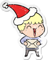 hand drawn distressed sticker cartoon of a happy man wearing santa hat png