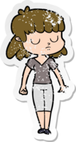 distressed sticker of a cartoon indifferent woman png