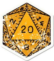 grunge sticker of a natural 20 D20 dice roll png