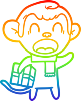 rainbow gradient line drawing of a shouting cartoon monkey carrying christmas gift png