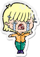 distressed sticker of a cartoon girl crying png