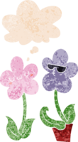 cute cartoon flower with thought bubble in grunge distressed retro textured style png