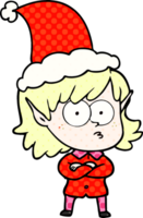 main tiré bande dessinée livre style illustration de une elfe fille regarder portant Père Noël chapeau png