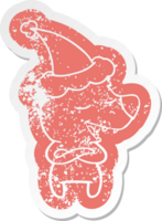 quirky cartoon distressed sticker of a bear wearing santa hat png