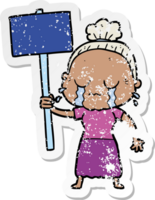 distressed sticker of a cartoon old woman crying while protesting png