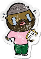 distressed sticker of a cartoon bearded man crying png