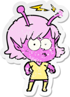 distressed sticker of a cartoon alien girl png