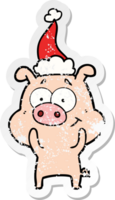 happy hand drawn distressed sticker cartoon of a pig wearing santa hat png