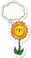 cartoon flower with thought bubble as a distressed worn sticker png