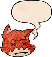 cartoon dead fox face with speech bubble in retro texture style png