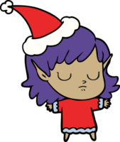 hand drawn line drawing of a elf girl wearing santa hat png