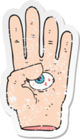 retro distressed sticker of a cartoon spooky hand with eyeball png