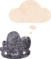 cute cartoon cloud with thought bubble in grunge distressed retro textured style png
