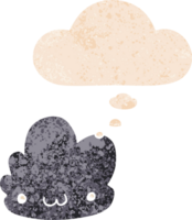 cute cartoon cloud with thought bubble in grunge distressed retro textured style png