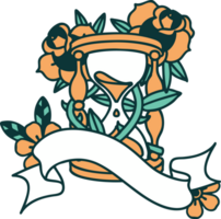 tatuagem tradicional com banner de uma ampulheta e flores png